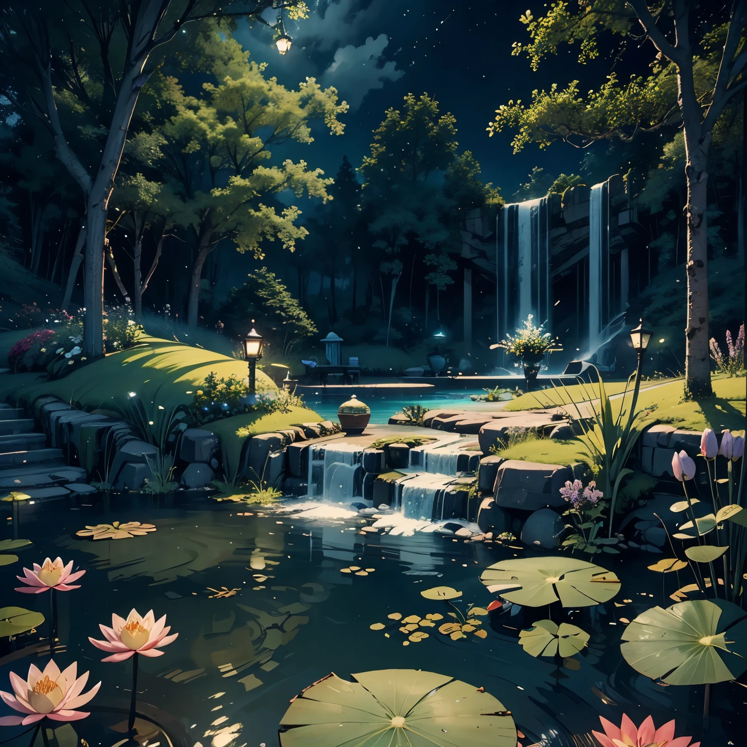 （romantic、Innocent、𝓡𝓸𝓶𝓪𝓷𝓽𝓲𝓬、landscape、Tyndall effect）,night，meteor shower，Many water lilies floating in the pond，hanging lanterns, Lotus Pond, Unreal Engine ; romantic主题, Quiet and peaceful atmosphere, water lily pond, realistic garden, Photorealistic lighting, Surreal lighting, Unreal Engine art, Highly detailed scenes, rendered in Unreal Engine 4 k hq, rendered in Unreal Engine 4k hq, surreal lighting, relaxing environment, There are fish in the water，Frog on lily pod