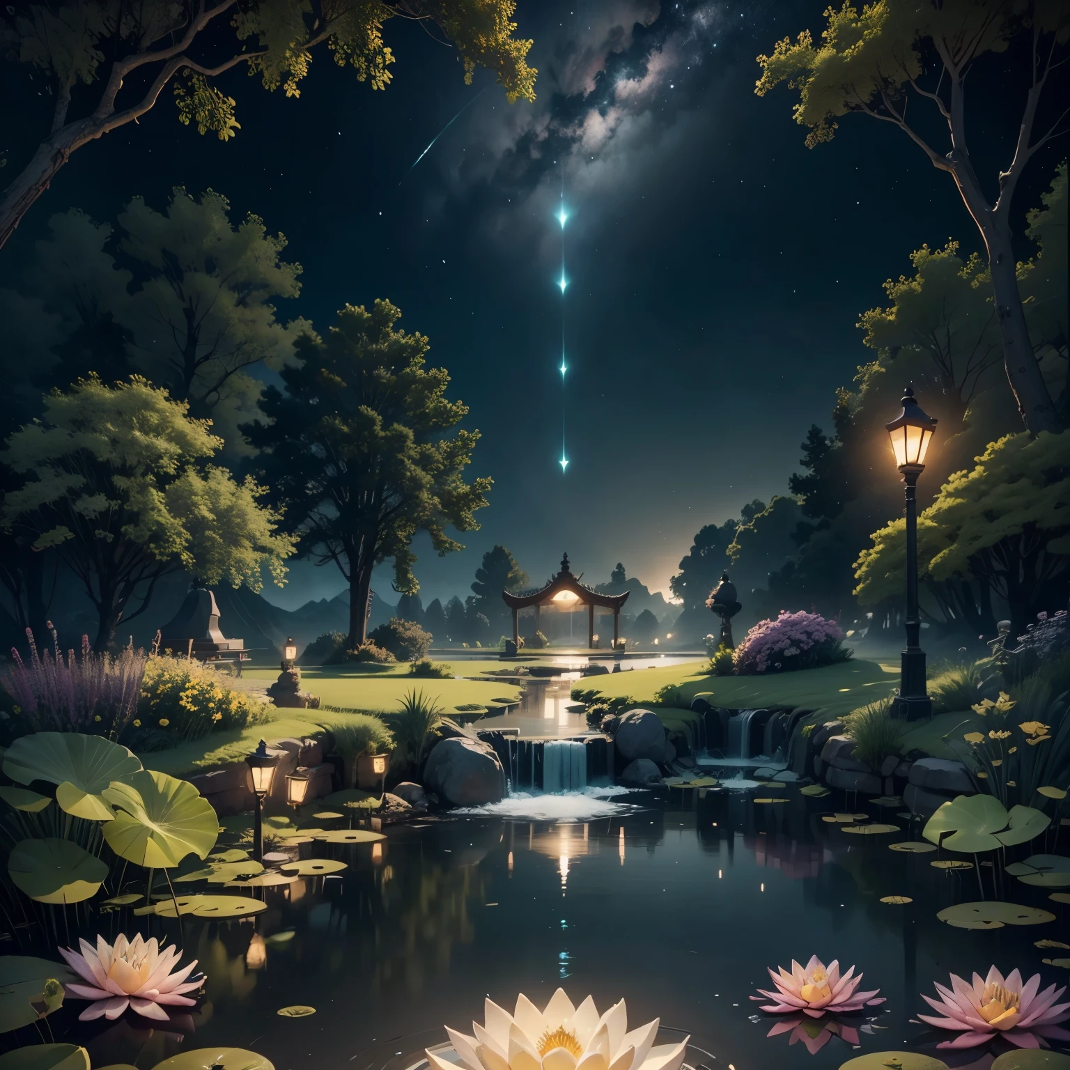 （romantic、Innocent、𝓡𝓸𝓶𝓪𝓷𝓽𝓲𝓬、landscape、Tyndall effect）,night，meteor shower，Many water lilies floating in the pond，hanging lanterns, Lotus Pond, Unreal Engine ; romantic主题, Quiet and peaceful atmosphere, water lily pond, realistic garden, Photorealistic lighting, Surreal lighting, Unreal Engine art, Highly detailed scenes, rendered in Unreal Engine 4 k hq, rendered in Unreal Engine 4k hq, surreal lighting, relaxing environment, There are fish in the water，Frog on lily pod