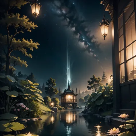 （romantic、innocent、𝓡𝓸𝓶𝓪𝓷𝓽𝓲𝓬、landscape、tyndall effect）,night，meteor shower，many water lilies floating in the pond，hanging lantern...