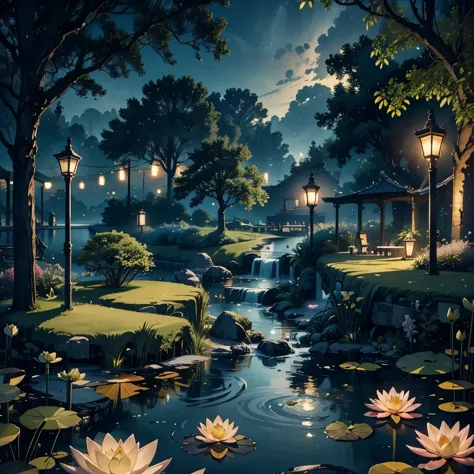 （romantic、innocent、𝓡𝓸𝓶𝓪𝓷𝓽𝓲𝓬、landscape、tyndall effect）,night，meteor shower，many water lilies floating in the pond，hanging lantern...