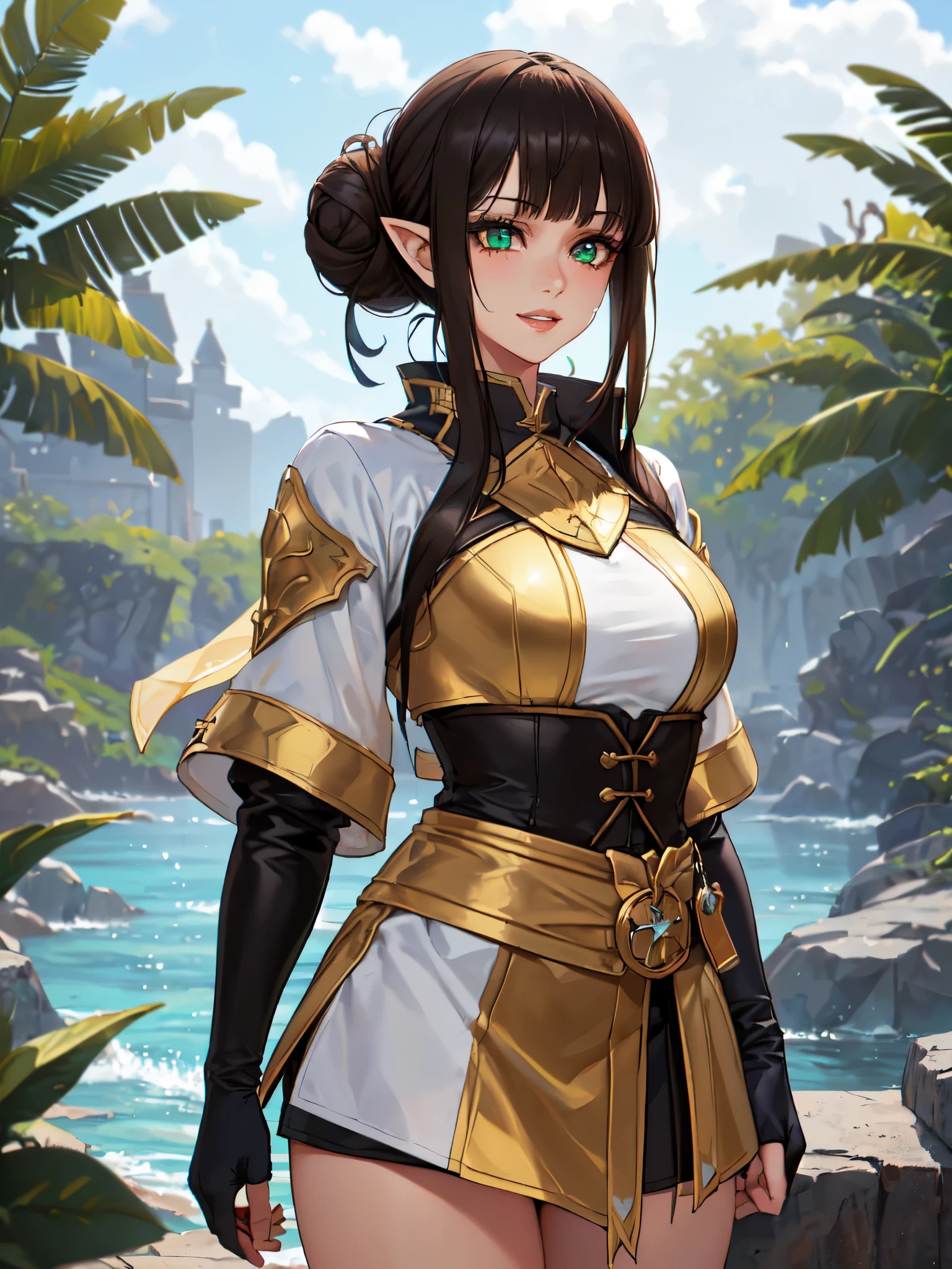 SFW (masterpiece, best quality, 32k) a teenage girl with medium brown hair ((dark brown hair, coal black hair, bangs, diagonal bangs, blunt bangs, wavy sidelocks, tight bun)), ((sea-green eyes, golden eyes, gold-green eyes, bright eyes, beautiful eyes, detailed eyes, finely detailed eyes, highly detailed eyes)), ((eyeliner, eyeshadow, lipstick, light makeup)), ((youthful face, beautiful face, cute face, sexy face)), ((small pointy ears)), tan skin, tanned skin, standing, walking, outside, outdoors, medieval city, fantasy city, sky, clouds, simple background. ((Fantasy outfit, medieval fantasy outfit, fighter outfit, alchemist outfit, hunter outfit, mage outfit, monster hunter outfit, protective outfit, armored outfit, leather armor, pauldrons, bracers, belt, utility belt, pouches, ocean motiff)), ((huge breasts:1.7, round breasts:1.3, perky breasts:1.3)), ((swimmer's body:1.2, supermodel body:1.2, svelte body:1.2, fit body:1.2)), ((round hips, thin waist, waspish waist, slim waist)), ((long legs, slender legs)), small smile ((full lips)), calm expression, content expression, serene expression, happy expression, open eyes, large eyes, expressive eyes, head-to-waist portrait, cinematics, color oil painting, cinematic lighting, ((extremely detailed face)), ((finely detailed face)), Extremely detailed eyes, finely detailed eyes, beautiful face, beautiful eyes, perfect lighting, depth of field, (realistic proportions), (good anatomy), ((solo:1.6)), ((1girl:1.6))