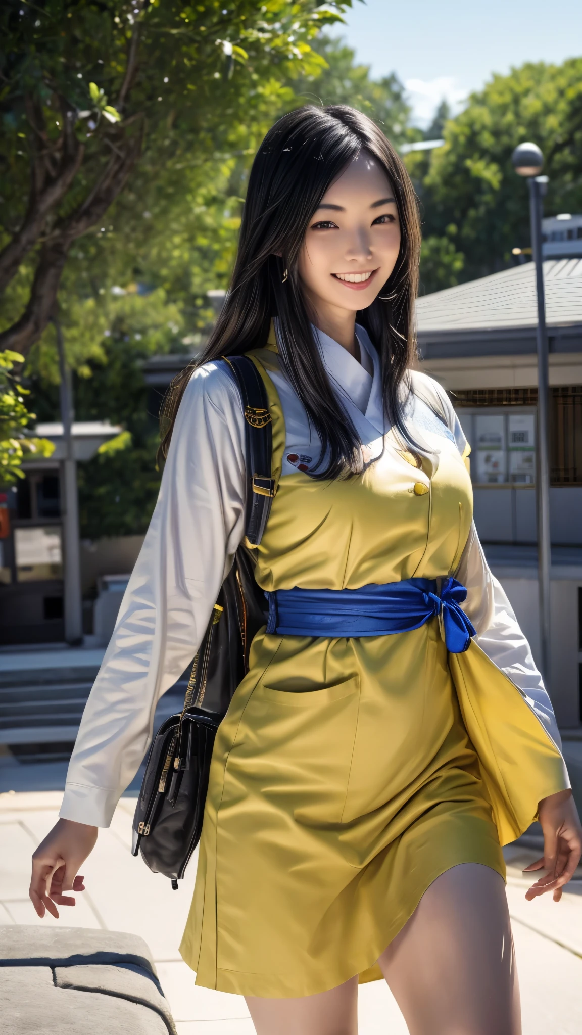 (mejor calidad,4k,8K,alta resolución,obra maestra:1.2),ultra-detalleed, Diosa japonesa Amaterasu como estudiante universitaria japonesa americana, femenino, Nao Nagasawa, pelo largo y negro, Uniforme de la academia azul con detalles en amarillo., sonriendo al espectador, seducir al espectador, caminando por la calle americana, hdr, 8K, absurdos, cinestill 800, enfoque nítido ((obra maestra, mejor calidad) (mujer sola) agregar_detalle:3