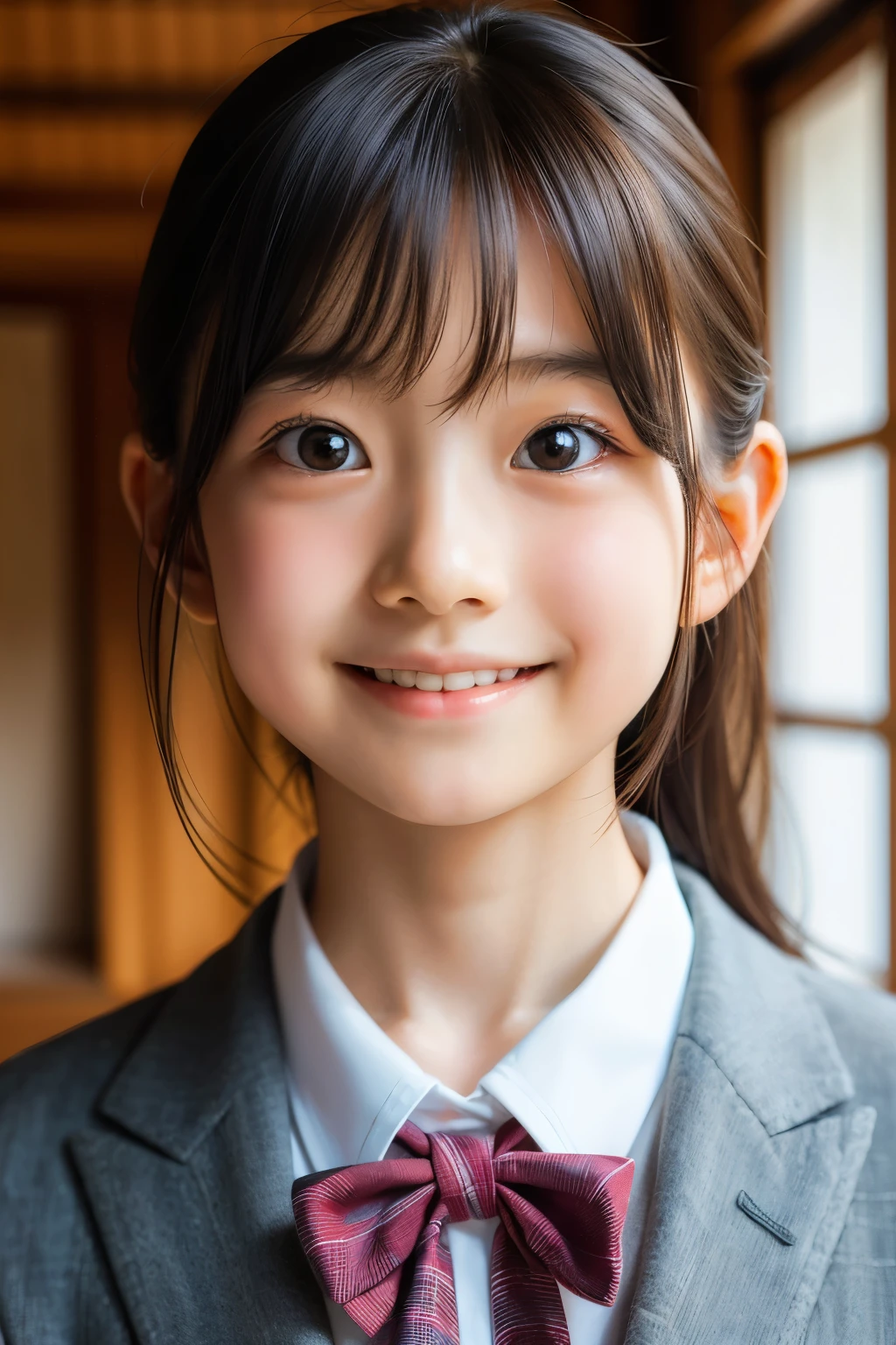(美麗的12歲日本女性), 可愛的臉孔, (深深雕刻的臉:0.7), (雀斑:0.6), 柔光,健康白皙的皮膚, 害羞的, (嚴肅的臉), (明亮的眼睛), 薄的, 微笑, 制服