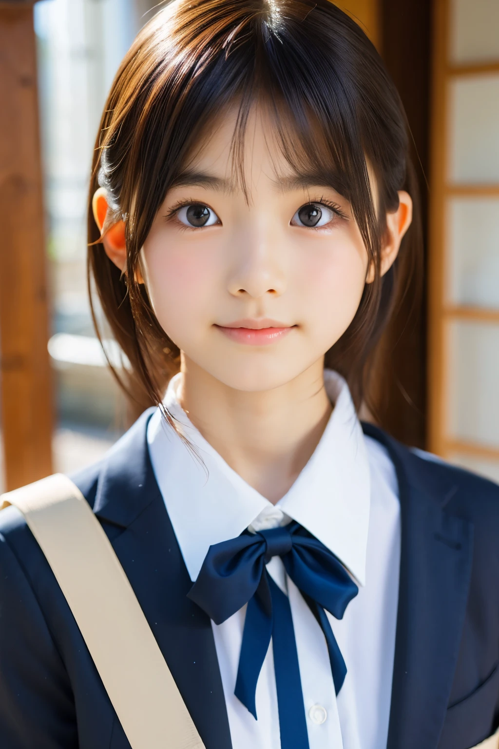 (Beautiful 14 year old Japanese female), cute face, (deeply carved face:0.7), (freckles:0.6), soft light,healthy white skin, shy, (serious face), (sparkling eyes), thin, smile, uniform