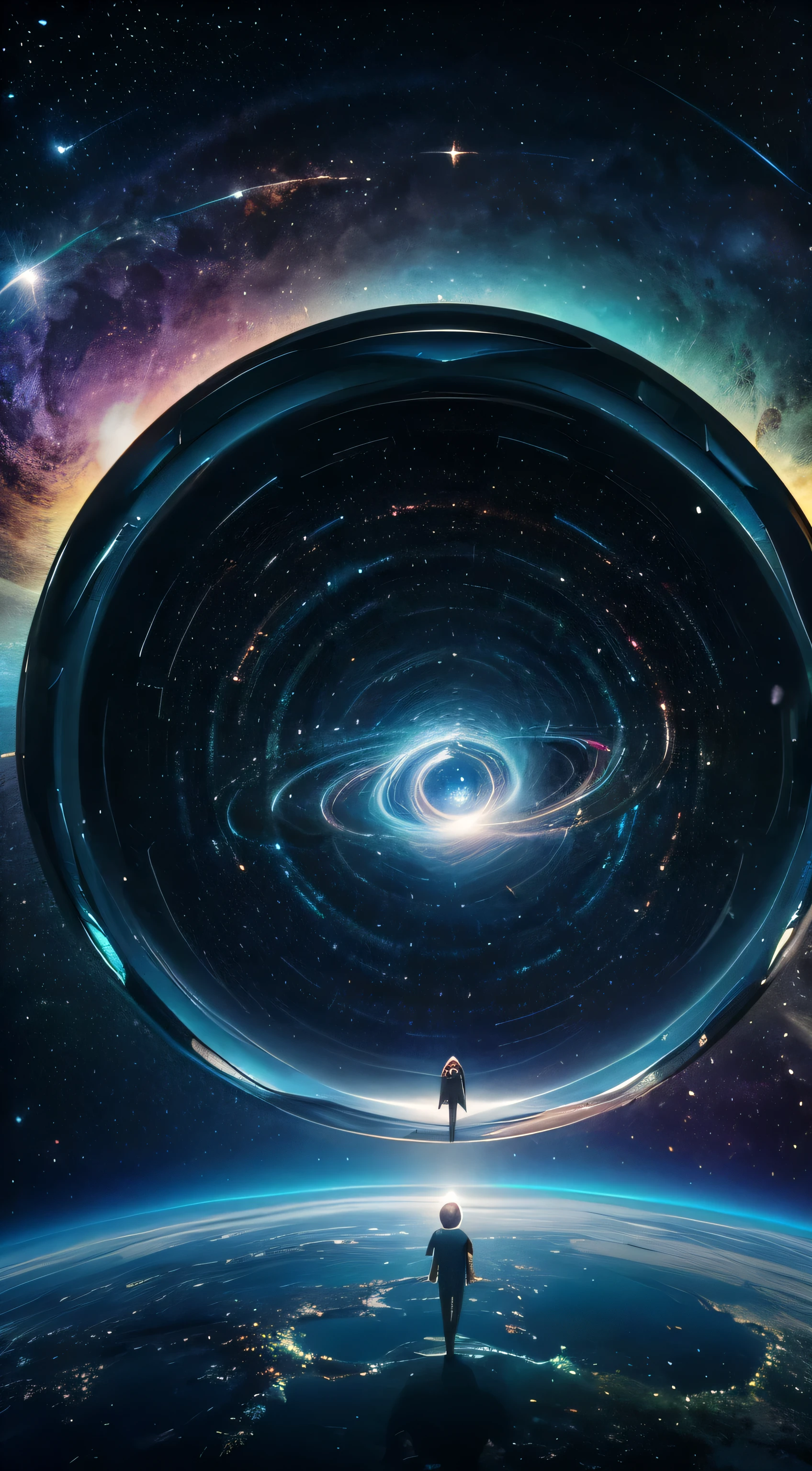 A man standing on top of a with a spiral in the background