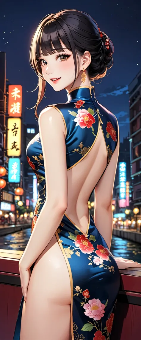 woman,20-year-old,,city,night,(((Silk cheongsam))),,open mouth smile((black hair)),blush、,((turn around and look back))()Reflecting the buttocks