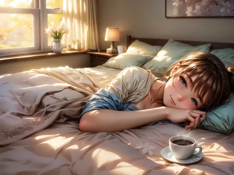 spring morning、morning sunlight coming in through the window、drink coffee on bed