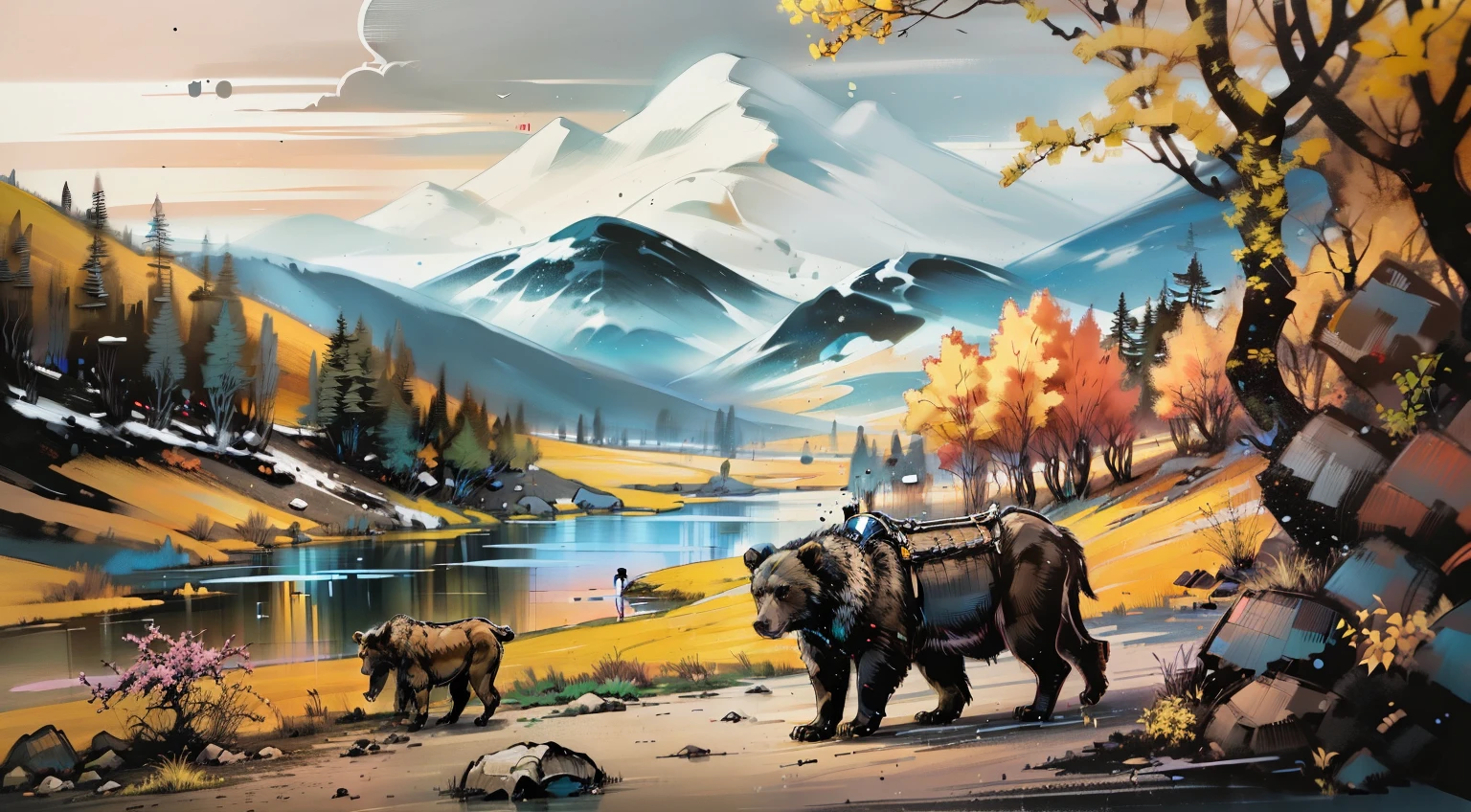 Painting of a bear and two bears walking in a mountain landscape - SeaArt AI