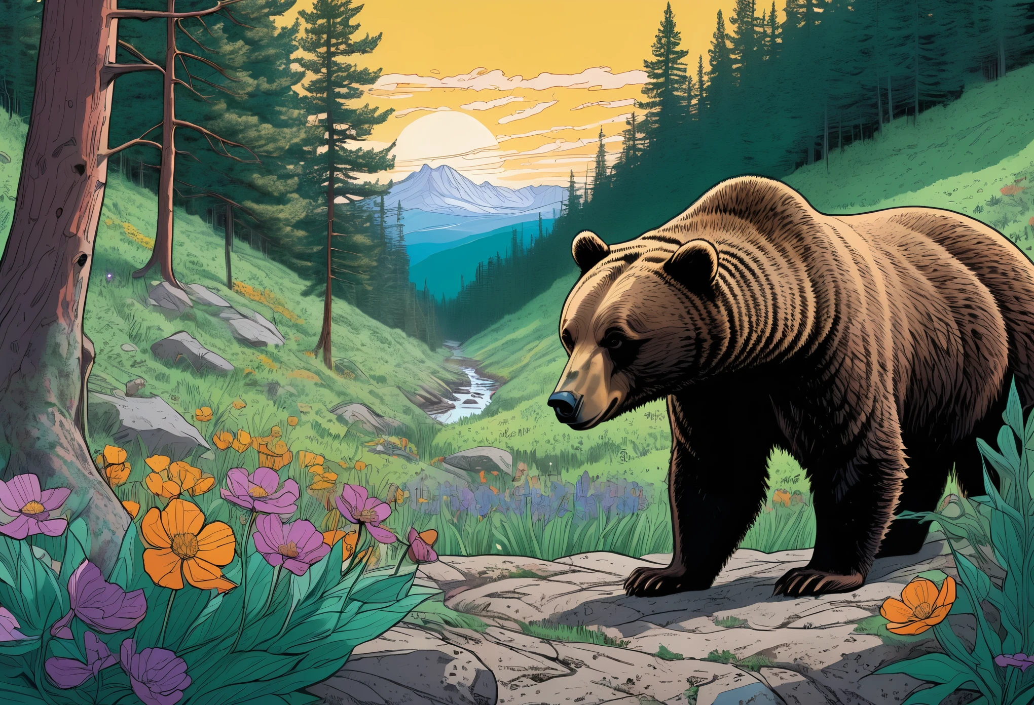 over the shoulder, perspective of hibernating bear awakening to the first dawn of spring, exiting the bear's cave looking out onto the spring vista of rewilding full bloom thriving spring dense forest full of flora and fauna, joelle jones expressive art style, 90's comics, cel shading, rich hues and color grading shading depth, foreshortening, cross hatching, splash page, single image, wordless, 