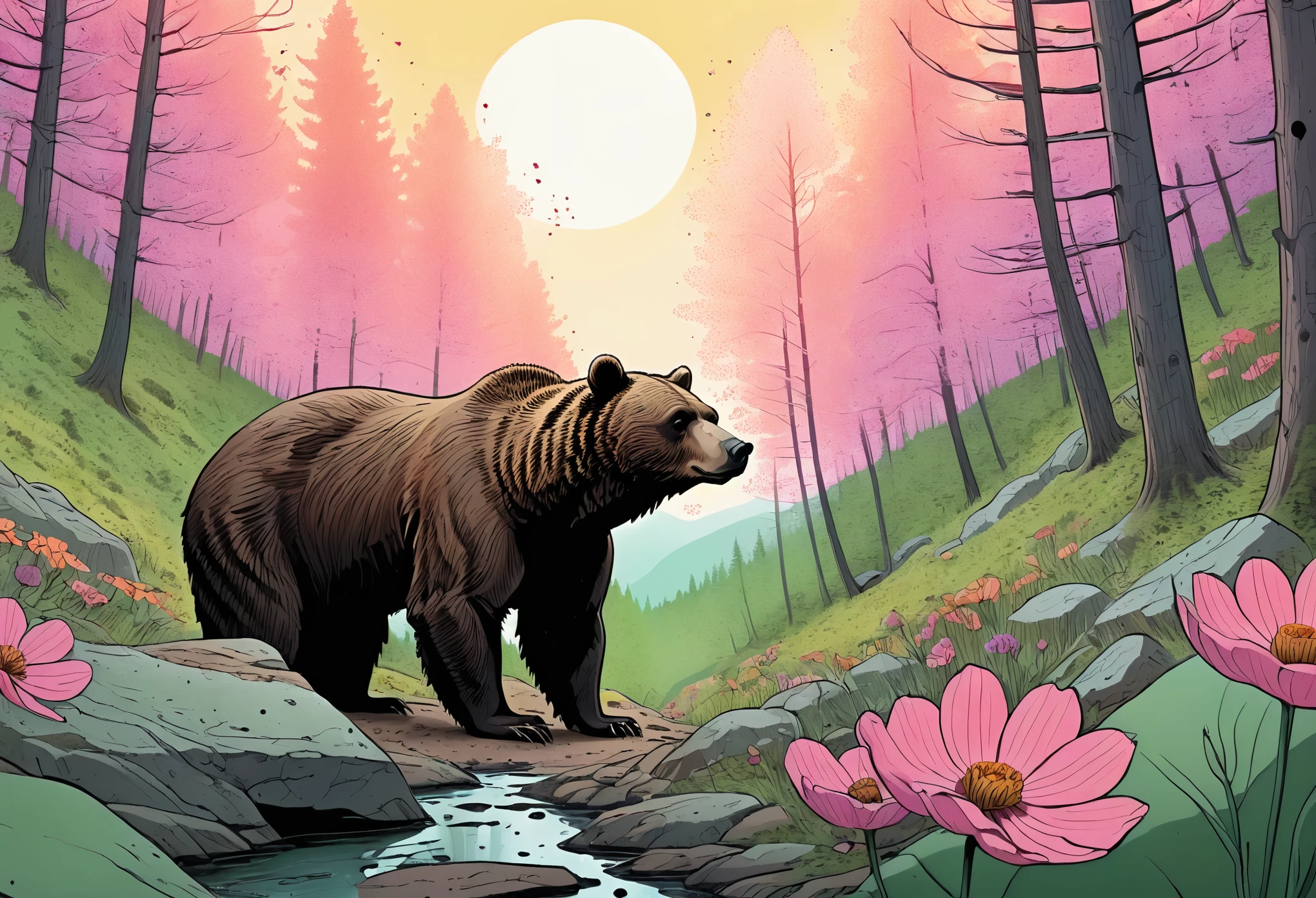 over the shoulder, perspective of hibernating bear awakening to the first dawn of spring, exiting the bear's cave looking out onto the spring vista of rewilding full bloom thriving spring dense forest full of flora and fauna, joelle jones expressive art style, 90's comics, cel shading, rich hues and color grading shading depth, foreshortening, cross hatching, splash page, single image, wordless, 