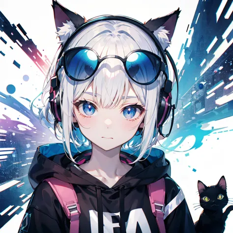 anime, HD、Cat、cute、サイバーパンクCat、stylish sunglasses、headphones、abstract beauty、looking at the camera、white background
