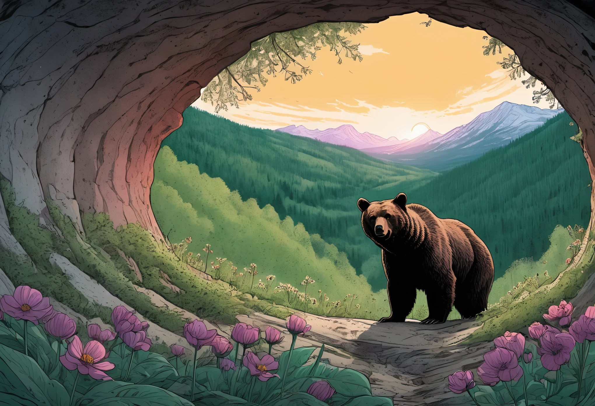 sobre el hombro, Perspectiva del oso hibernante que despierta al primer amanecer de la primavera., Saliendo de la cueva del oso contemplando la vista primaveral del próspero y próspero bosque primaveral lleno de flora y fauna., joelle jones estilo de arte expresivo, cómics de los 90, sombreado de celdas, Tonos ricos y profundidad de sombreado de gradación de color., escorzo, rayado transversal, página de inicio, imagen única, sin palabras, 