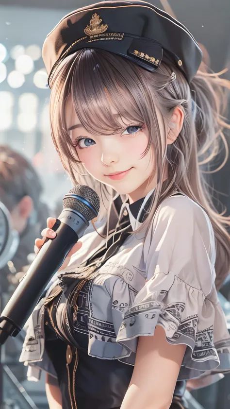 idol uniform , mic , stage , master piece , best quality , detailed , bangs , woman ,flat chest, smile

