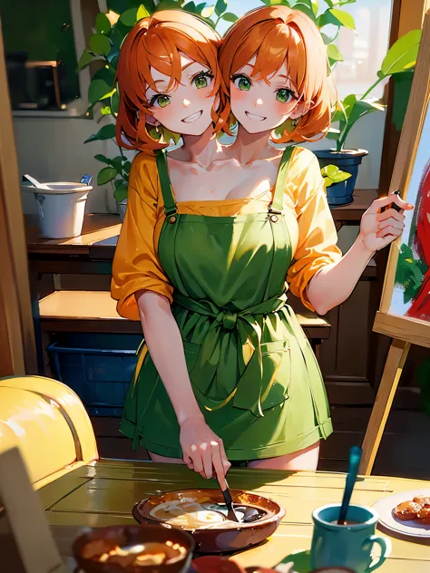 (masterpiece, best quality), best resolution, (2heads:1.5), 1girl, painter, short orange hair, green eyes, embarrassed, nervous ...