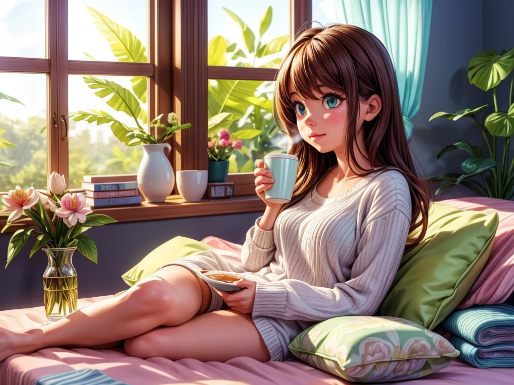 (best quality,highres,ultra-detailed),a girl drinking coffee on the bed in the morning sunlight coming in from the window,illustration,soft pastel colors,beautiful detailed eyes,beautiful detailed lips,flowing long hair,sunlight casting a warm glow,peaceful and serene atmosphere,comfortable and cozy bedroom,floral patterned sheets and blankets,coffee cup with steam rising,relaxed posture,sun rays filtering through the curtains,gentle breeze,quiet and calm surroundings,colorful flowers in a vase on the bedside table,vibrant green plants in the room,sparkling sunlight reflecting on the coffee cup,enjoying a moment of tranquility and relaxation.