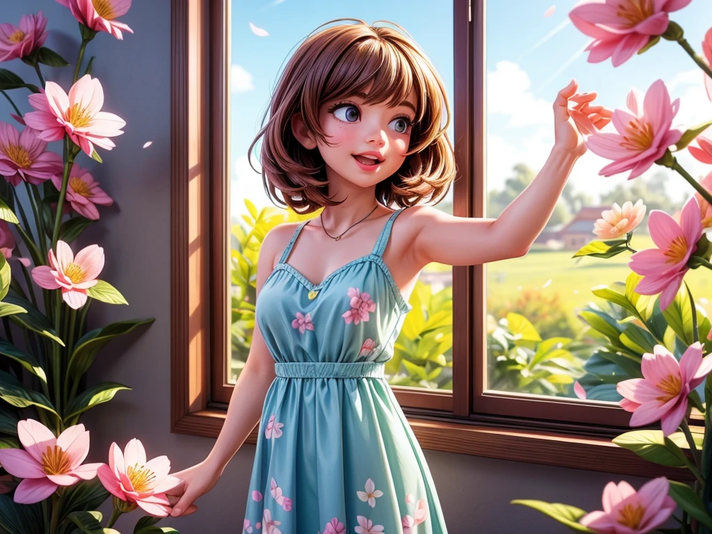 A girl opening the curtain in the morning sunlight, beautiful detailed eyes, beautiful detailed lips, extremely detailed eyes and face, long eyelashes, sunlight streaming through the window, soft morning glow, fresh and vibrant colors, a garden blooming with cherry blossoms, gentle breeze rustling through the trees, delicate petals falling, serene and peaceful atmosphere, the girl wearing a pretty floral dress, stretching and yawning, a sense of renewal and energy, the scent of spring in the air, birds chirping happily, the sound of distant laughter, a sense of optimism and joy, a new day filled with possibilities, a masterpiece:1.2, ultra-detailed, realistic:1.37, medium:painting, HDR, vivid colors, soft and warm lighting.