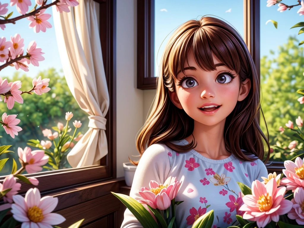 A girl opening the curtain in the morning sunlight, beautiful detailed eyes, beautiful detailed lips, extremely detailed eyes and face, long eyelashes, sunlight streaming through the window, soft morning glow, fresh and vibrant colors, a garden blooming with cherry blossoms, gentle breeze rustling through the trees, delicate petals falling, serene and peaceful atmosphere, the girl wearing a pretty floral dress, stretching and yawning, a sense of renewal and energy, the scent of spring in the air, birds chirping happily, the sound of distant laughter, a sense of optimism and joy, a new day filled with possibilities, a masterpiece:1.2, ultra-detailed, realistic:1.37, medium:painting, HDR, vivid colors, soft and warm lighting.