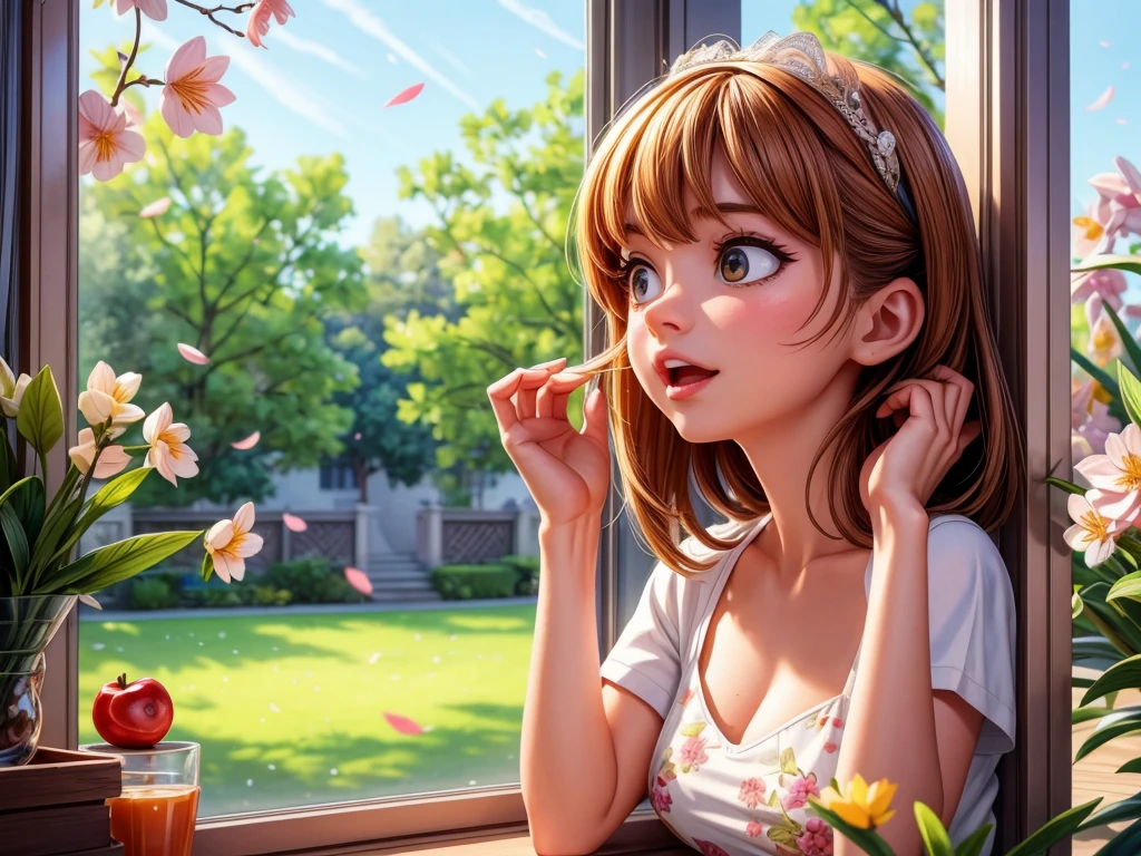 A girl opening the curtain in the morning sunlight, beautiful detailed eyes, beautiful detailed lips, extremely detailed eyes and face, long eyelashes, sunlight streaming through the window, soft morning glow, fresh and vibrant colors, a garden blooming with cherry blossoms, gentle breeze rustling through the trees, delicate petals falling, serene and peaceful atmosphere, the girl wearing a pretty floral dress, stretching and yawning, a sense of renewal and energy, the scent of spring in the air, birds chirping happily, the sound of distant laughter, a sense of optimism and joy, a new day filled with possibilities, a masterpiece:1.2, ultra-detailed, realistic:1.37, medium:painting, HDR, vivid colors, soft and warm lighting.