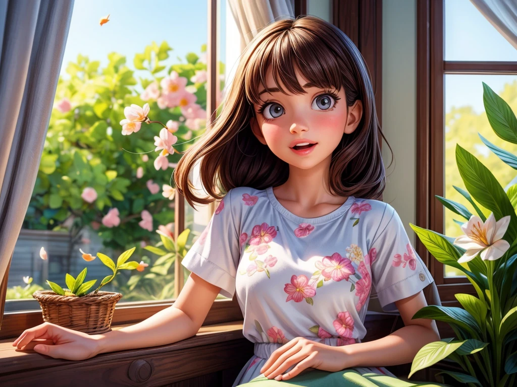 A girl opening the curtain in the morning sunlight, beautiful detailed eyes, beautiful detailed lips, extremely detailed eyes and face, long eyelashes, sunlight streaming through the window, soft morning glow, fresh and vibrant colors, a garden blooming with cherry blossoms, gentle breeze rustling through the trees, delicate petals falling, serene and peaceful atmosphere, the girl wearing a pretty floral dress, stretching and yawning, a sense of renewal and energy, the scent of spring in the air, birds chirping happily, the sound of distant laughter, a sense of optimism and joy, a new day filled with possibilities, a masterpiece:1.2, ultra-detailed, realistic:1.37, medium:painting, HDR, vivid colors, soft and warm lighting.