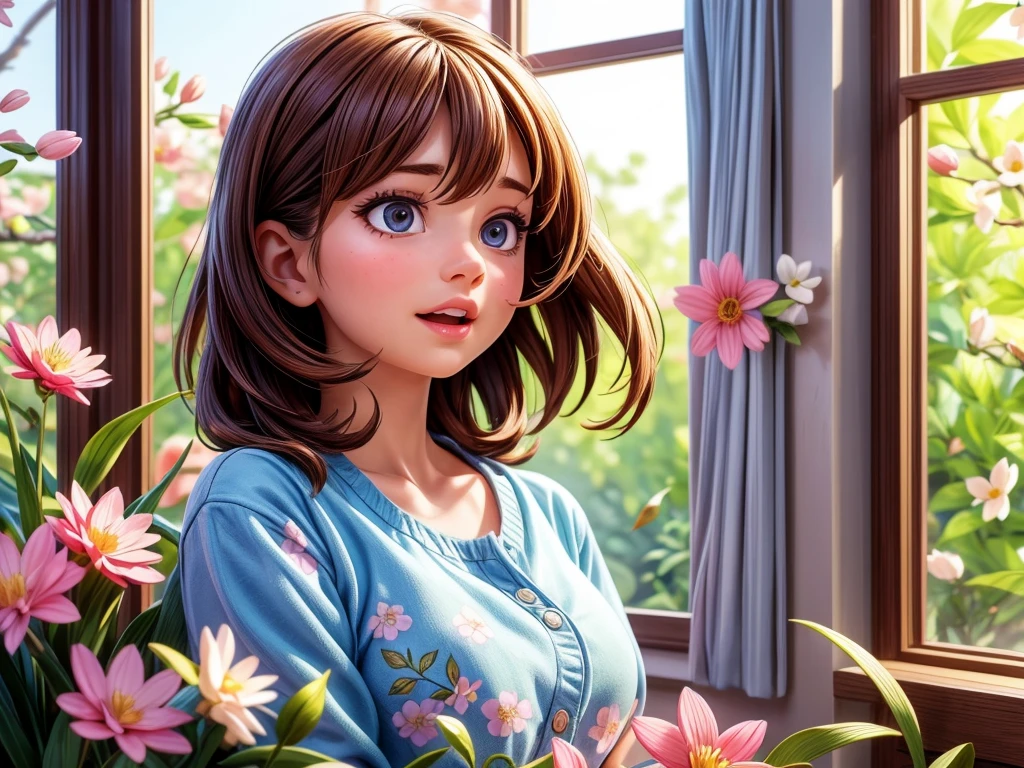 A girl opening the curtain in the morning sunlight, beautiful detailed eyes, beautiful detailed lips, extremely detailed eyes and face, long eyelashes, sunlight streaming through the window, soft morning glow, fresh and vibrant colors, a garden blooming with cherry blossoms, gentle breeze rustling through the trees, delicate petals falling, serene and peaceful atmosphere, the girl wearing a pretty floral dress, stretching and yawning, a sense of renewal and energy, the scent of spring in the air, birds chirping happily, the sound of distant laughter, a sense of optimism and joy, a new day filled with possibilities, a masterpiece:1.2, ultra-detailed, realistic:1.37, medium:painting, HDR, vivid colors, soft and warm lighting.