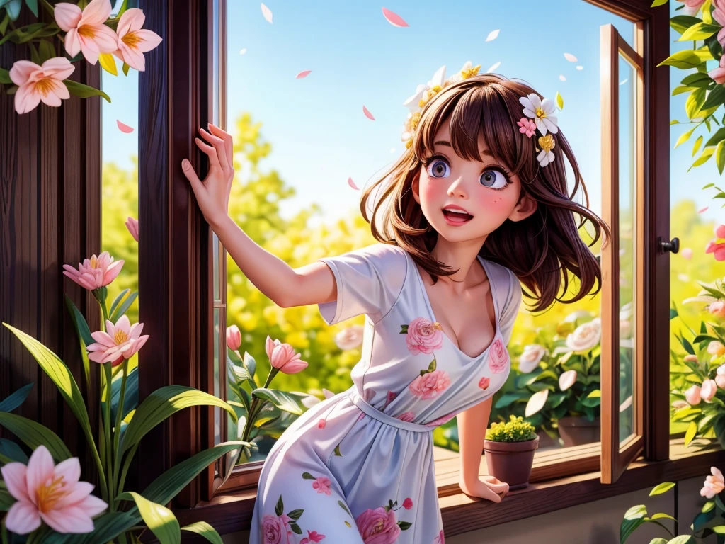 A girl opening the curtain in the morning sunlight, beautiful detailed eyes, beautiful detailed lips, extremely detailed eyes and face, long eyelashes, sunlight streaming through the window, soft morning glow, fresh and vibrant colors, a garden blooming with cherry blossoms, gentle breeze rustling through the trees, delicate petals falling, serene and peaceful atmosphere, the girl wearing a pretty floral dress, stretching and yawning, a sense of renewal and energy, the scent of spring in the air, birds chirping happily, the sound of distant laughter, a sense of optimism and joy, a new day filled with possibilities, a masterpiece:1.2, ultra-detailed, realistic:1.37, medium:painting, HDR, vivid colors, soft and warm lighting.