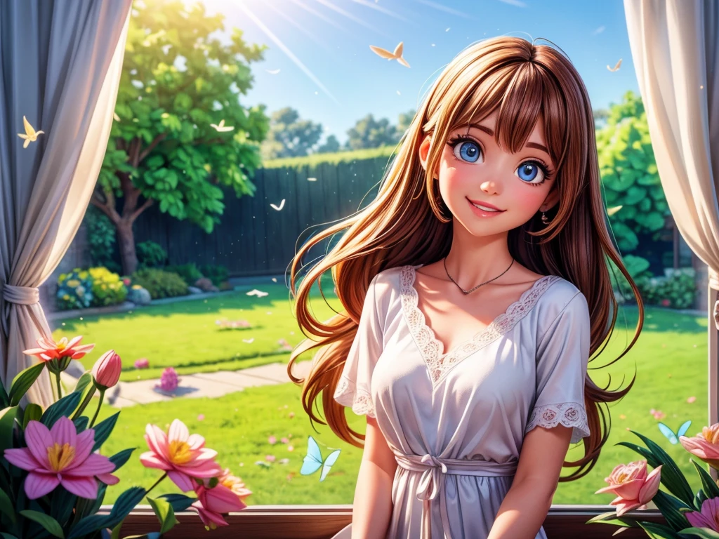 (best quality,4k,highres:1.2),bright morning sunlight streaming through the window,carefully opening the curtains, beautiful detailed eyes, mesmerizing gaze, long fluttering eyelashes, delightful smile, delicate rosy lips, flowing hair, peaceful and serene atmosphere, blooming flowers in the garden, freshly cut grass, chirping birds, gentle breeze, morning dew, vibrant colors, soft and warm lighting