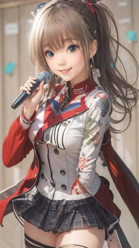 idol uniform , mic , stage , master piece , best quality , detailed , bangs , woman ,flat chest, smile

