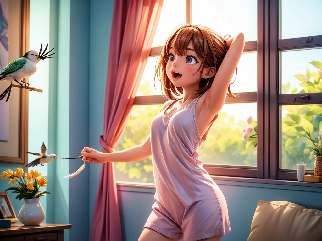 a girl stretching and yawning as she opens the curtains, refreshing breeze, birds chirping, gentle morning sunlight streaming in through the window, serene atmosphere, vibrant colors, soft and delicate brushstrokes, impressionistic style, pastel color palette, warm and inviting lighting