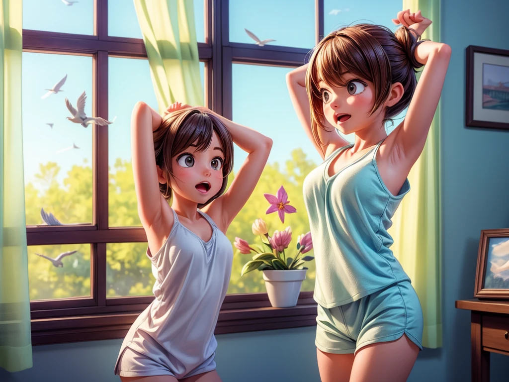 a girl stretching and yawning as she opens the curtains, refreshing breeze, birds chirping, gentle morning sunlight streaming in through the window, serene atmosphere, vibrant colors, soft and delicate brushstrokes, impressionistic style, pastel color palette, warm and inviting lighting