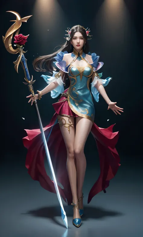 a woman in a blue dress holds a sword and a rose, full-body xianxia, beautiful full body concept art, a complete portrait of the...