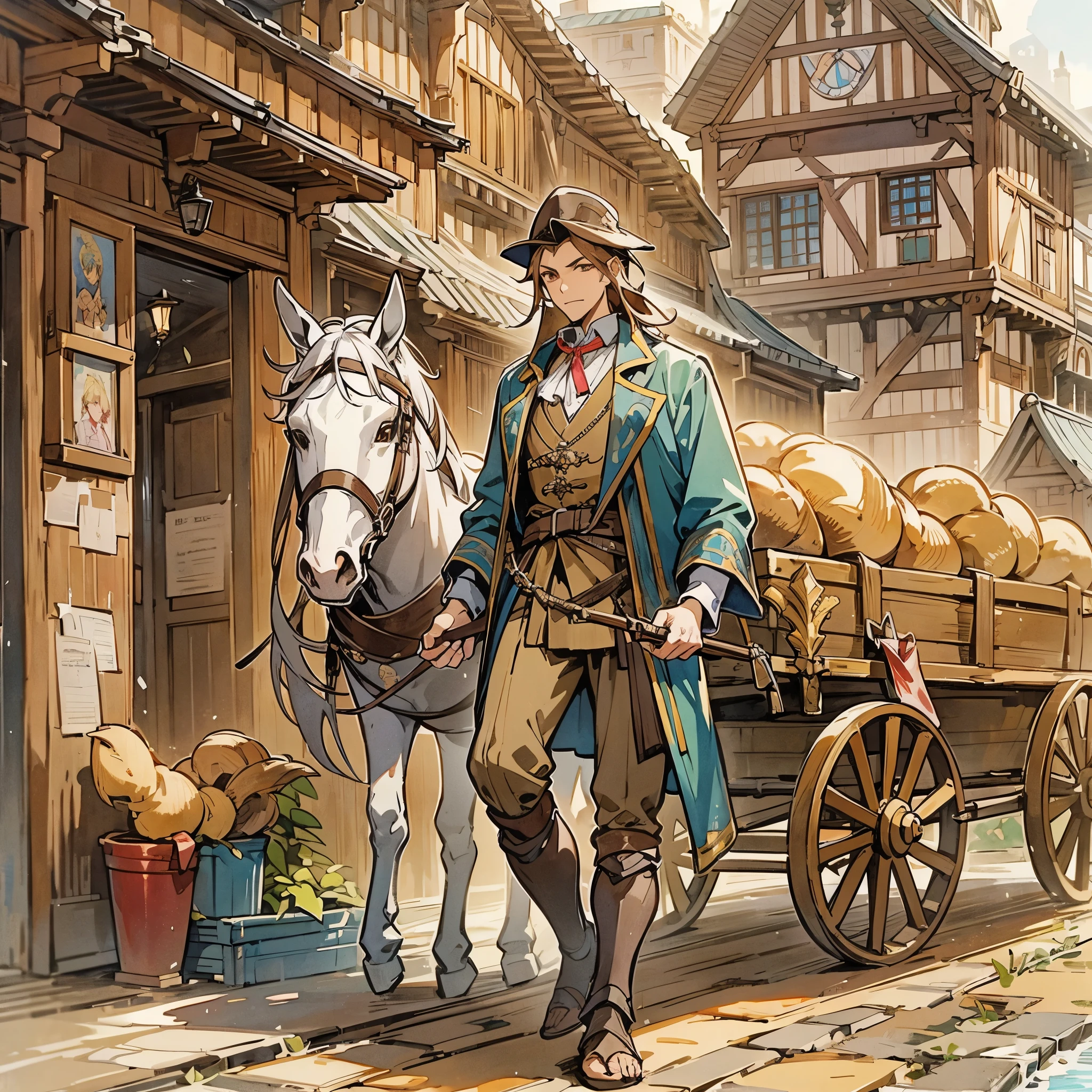 a man，European medieval merchants，Travel businessman，Wealthy businessman，Dressed in satin，Leading a brown horse，Pulling a small wooden cart，The wooden cart is loaded with goods。Medium shot composition，full body picture，characters and scenes，Game concept art style，Anime illustration style，watercolor style，Marker style，high-definition，4k。