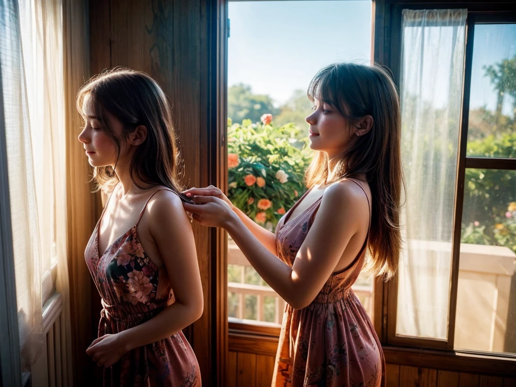 A girl opening the curtains, the morning sunlight streaming through the window, a refreshing breeze, birds perching on the windowsill, spring morning atmosphere, soft and warm colors, delicate details, realistic illustration, high-resolution (best quality, 4k, vivid colors), the girl's eyes are charming with long eyelashes and beautiful detailed lips, the garden outside the window is filled with blooming flowers and vibrant greenery, the girl wears a flowy dress with floral patterns, her hair gently swaying in the breeze, a sense of tranquility and serenity, the girl's face shows a hint of joy and excitement, the bustling sounds of nature in the background, the girl's hands gently holding the curtain, soft shadows and highlights, the room is adorned with cozy decorations, the sunlight casting a warm glow on the girl's face, a feeling of hope and new beginnings in the air.