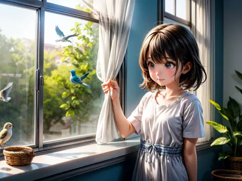 spring morning、morning sunlight coming in through the window、girl opening curtains、refreshing breeze、a small bird perches on the...