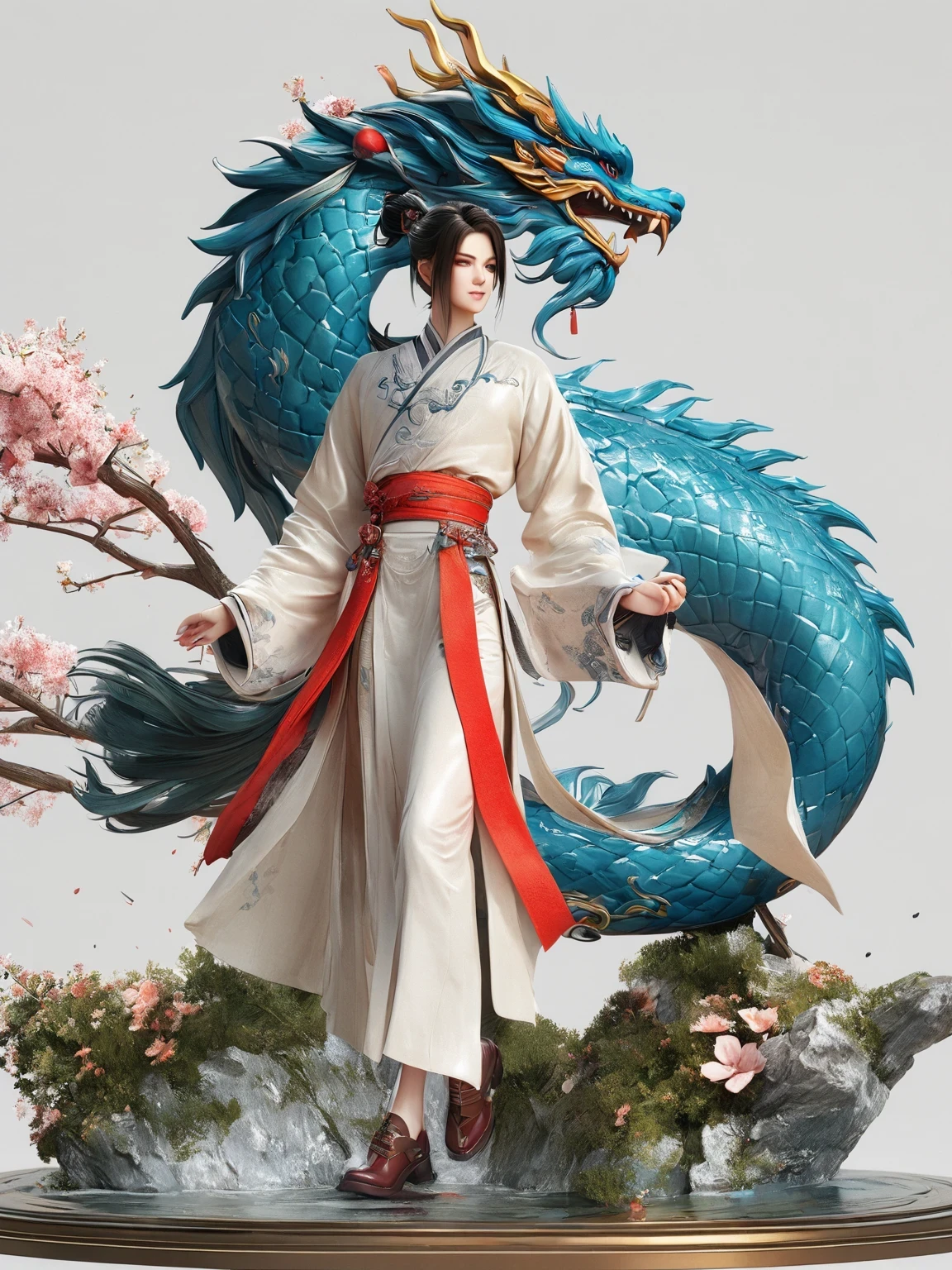 diy14，Highest quality, ultra-high definition, masterpieces, 8k, realistic, anime styled, 3d render，(costume design), dragon elements, Chinese style, full body close-up, flowers, white Hanfu, ink danqing, fantasy style clothing, Chinese clothing, Hanfu, flowing dragon silk, clothing design, smooth cyan tight clothes set, spirit, clothing, game, 8k, fantasy, magical, amazing