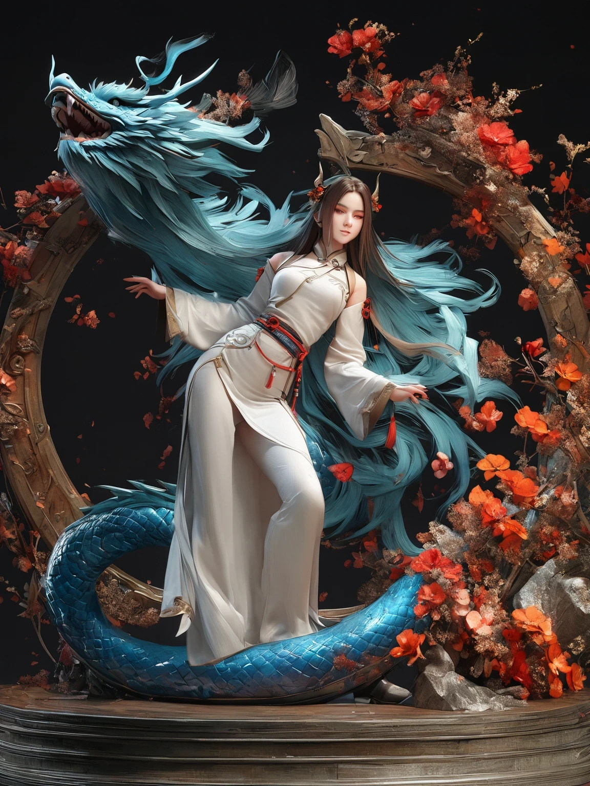 diy14，Highest quality, ultra-high definition, masterpieces, 8k, realistic, anime styled, 3d render，(costume design), dragon elements, Chinese style, full body close-up, flowers, white Hanfu, ink danqing, fantasy style clothing, Chinese clothing, Hanfu, flowing dragon silk, clothing design, smooth cyan tight clothes set, spirit, clothing, game, 8k, fantasy, magical, amazing