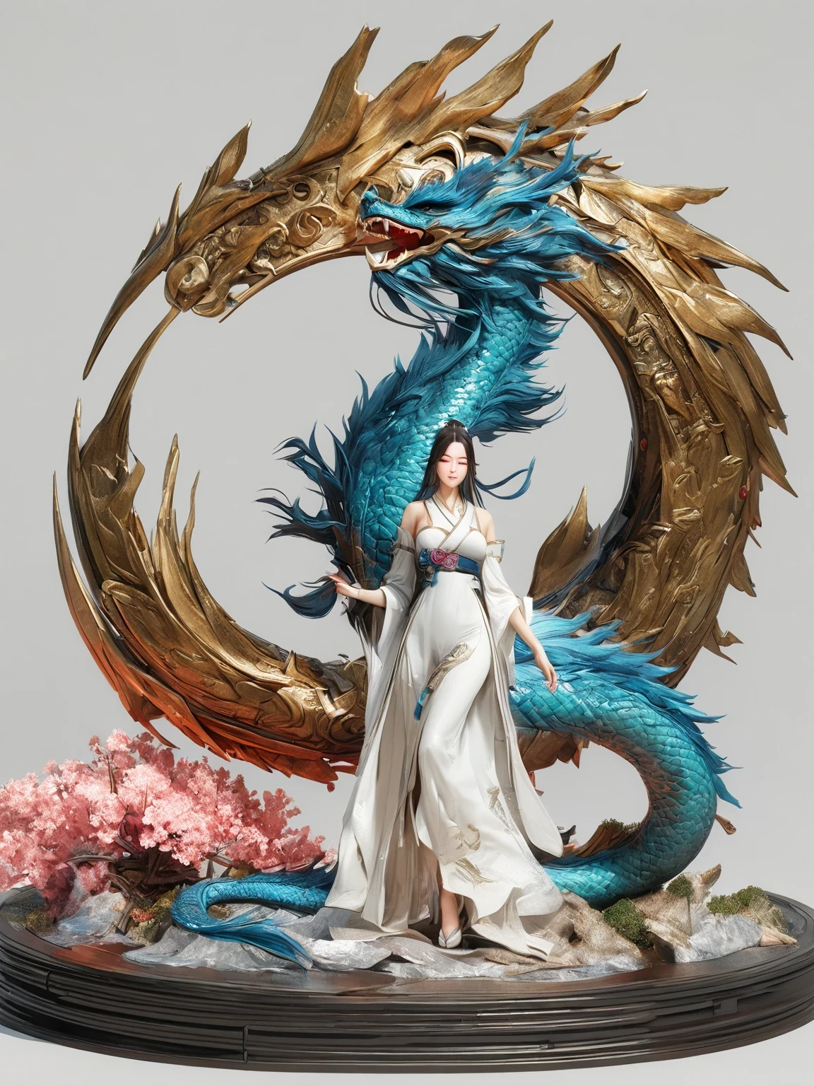 diy14，Highest quality, ultra-high definition, masterpieces, 8k, realistic, anime styled, 3d render，(costume design), dragon elements, Chinese style, full body close-up, flowers, white Hanfu, ink danqing, fantasy style clothing, Chinese clothing, Hanfu, flowing dragon silk, clothing design, smooth cyan tight clothes set, spirit, clothing, game, 8k, fantasy, magical, amazing