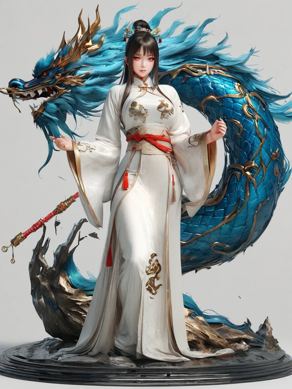 diy14，Highest quality, ultra-high definition, masterpieces, 8k, realistic, anime styled, 3d render，(costume design), dragon elements, Chinese style, full body close-up, flowers, white Hanfu, ink danqing, fantasy style clothing, Chinese clothing, Hanfu, flowing dragon silk, clothing design, smooth cyan tight clothes set, spirit, clothing, game, 8k, fantasy, magical, amazing