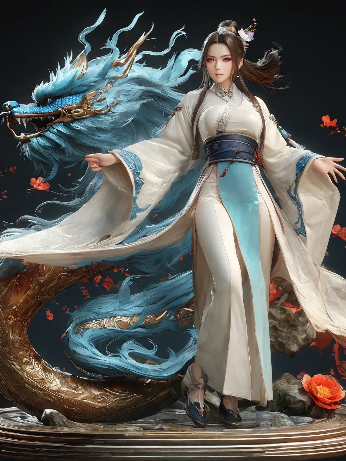 diy14，Highest quality, ultra-high definition, masterpieces, 8k, realistic, anime styled, 3d render，(costume design), dragon elements, Chinese style, full body close-up, flowers, white Hanfu, ink danqing, fantasy style clothing, Chinese clothing, Hanfu, flowing dragon silk, clothing design, smooth cyan tight clothes set, spirit, clothing, game, 8k, fantasy, magical, amazing