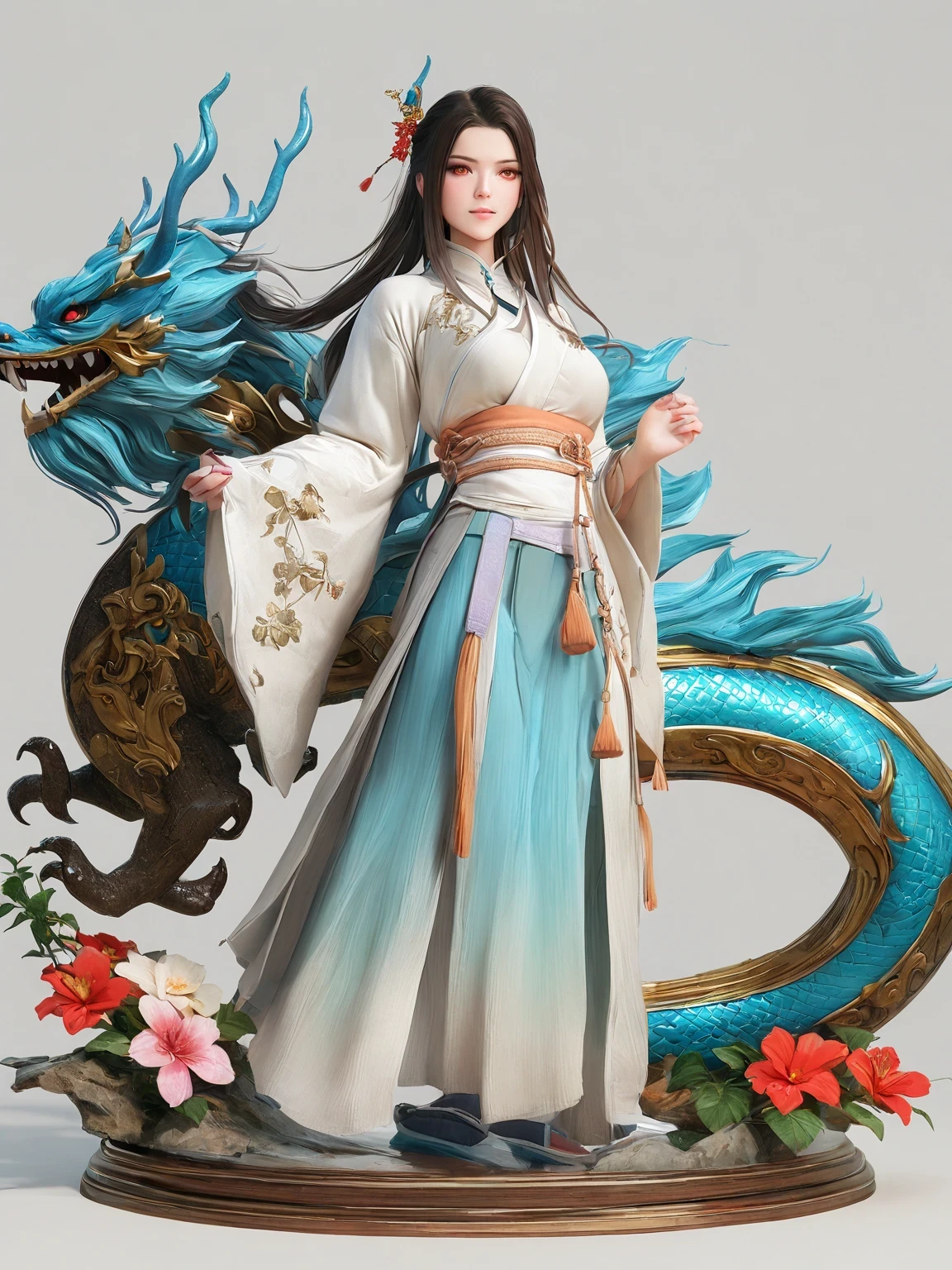 diy14，Highest quality, ultra-high definition, masterpieces, 8k, realistic, anime styled, 3d render，(costume design), dragon elements, Chinese style, full body close-up, flowers, white Hanfu, ink danqing, fantasy style clothing, Chinese clothing, Hanfu, flowing dragon silk, clothing design, smooth cyan tight clothes set, spirit, clothing, game, 8k, fantasy, magical, amazing