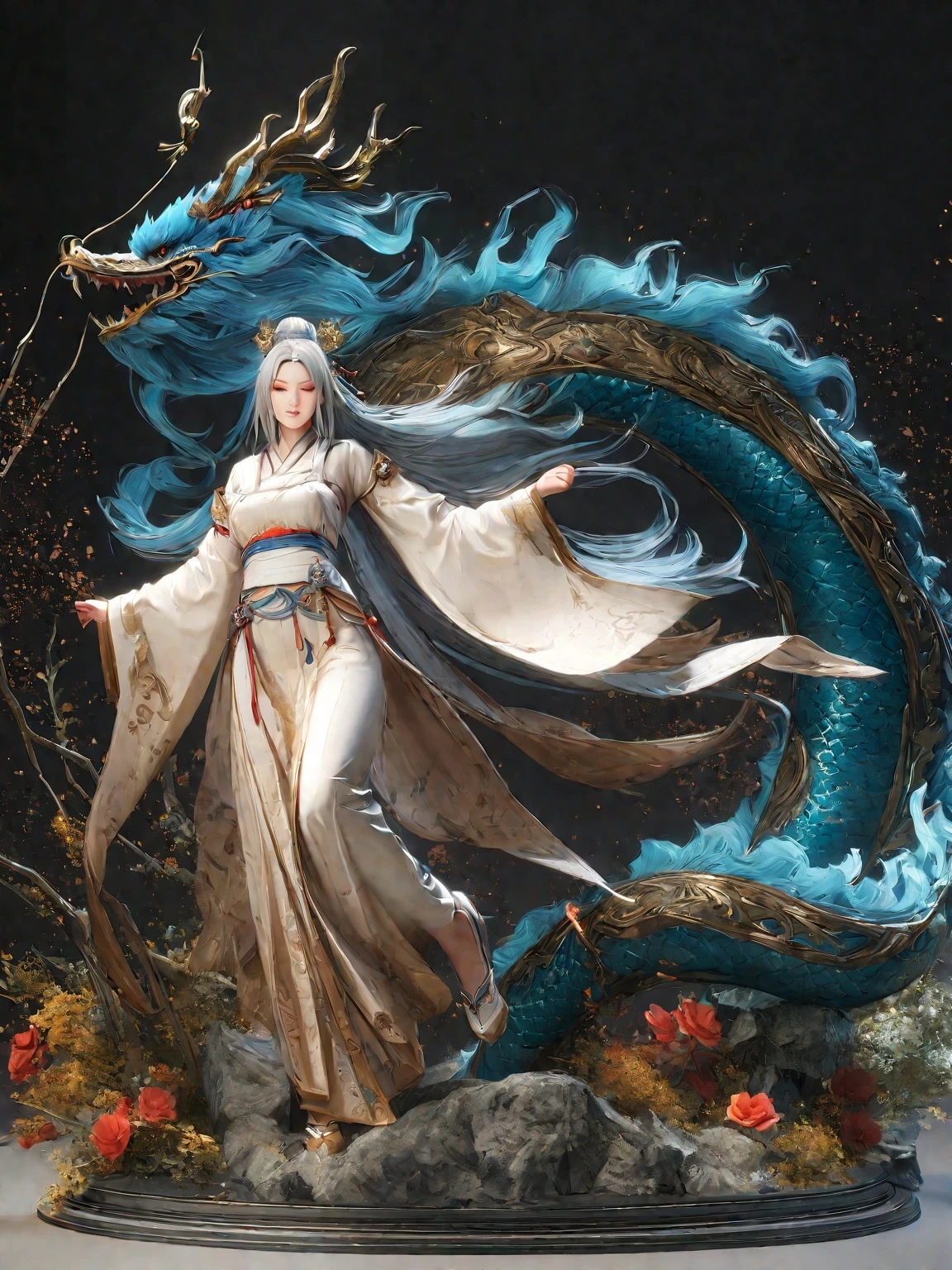 diy14，Highest quality, ultra-high definition, masterpieces, 8k, realistic, anime styled, 3d render，(costume design), dragon elements, Chinese style, full body close-up, flowers, white Hanfu, ink danqing, fantasy style clothing, Chinese clothing, Hanfu, flowing dragon silk, clothing design, smooth cyan tight clothes set, spirit, clothing, game, 8k, fantasy, magical, amazing