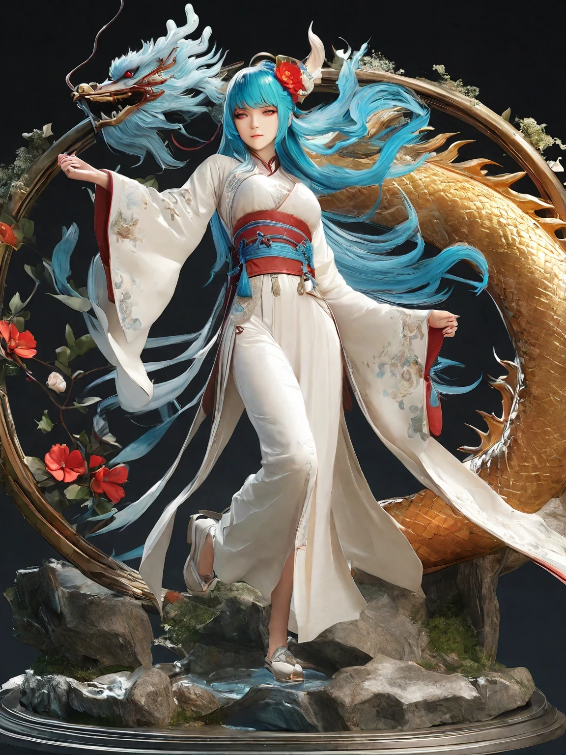 diy14，Highest quality, ultra-high definition, masterpieces, 8k, realistic, anime styled, 3d render，(costume design), dragon elements, Chinese style, full body close-up, flowers, white Hanfu, ink danqing, fantasy style clothing, Chinese clothing, Hanfu, flowing dragon silk, clothing design, smooth cyan tight clothes set, spirit, clothing, game, 8k, fantasy, magical, amazing