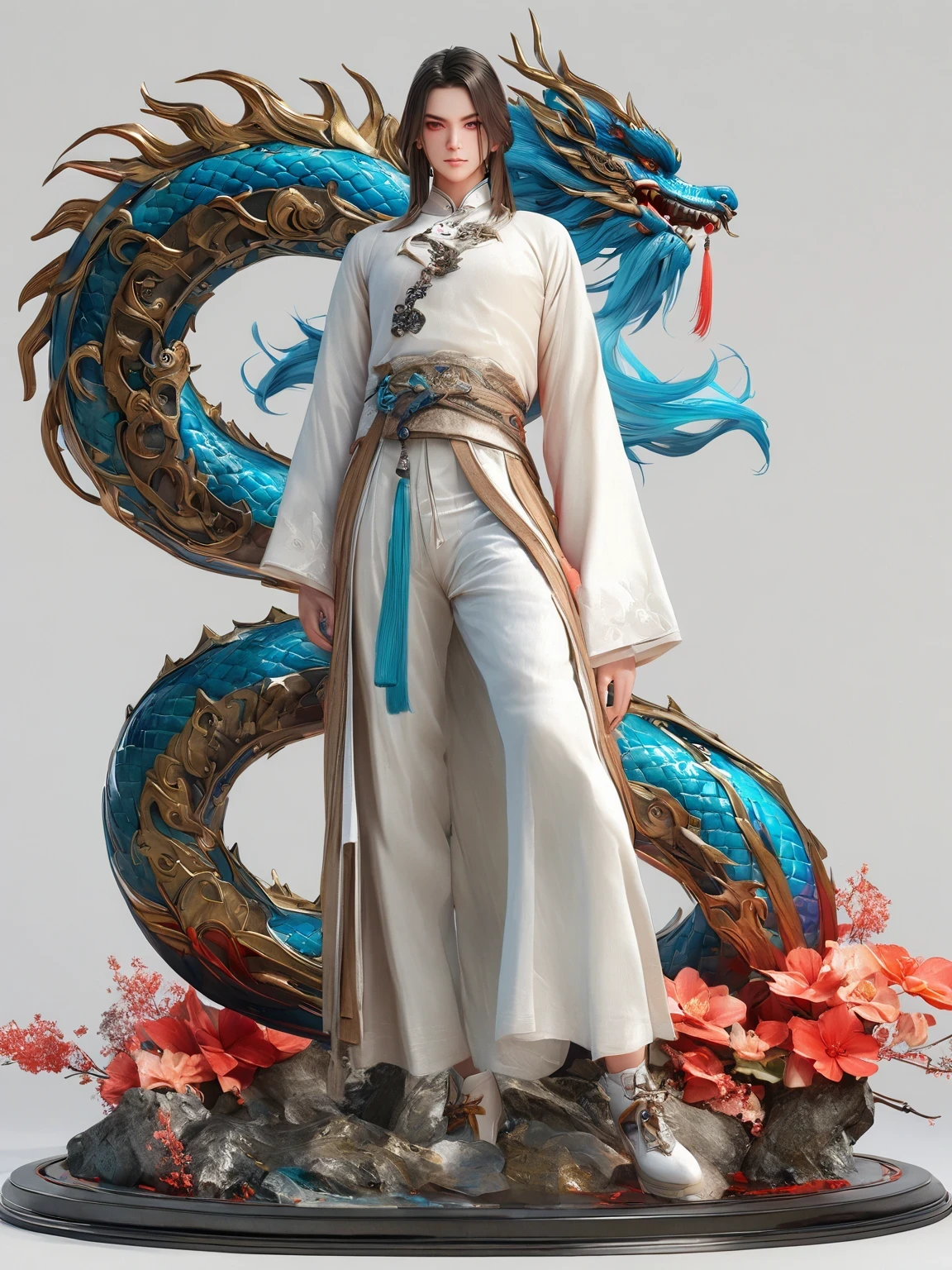 diy14，Highest quality, ultra-high definition, masterpieces, 8k, realistic, anime styled, 3d render，(costume design), dragon elements, Chinese style, full body close-up, flowers, white Hanfu, ink danqing, fantasy style clothing, Chinese clothing, Hanfu, flowing dragon silk, clothing design, smooth cyan tight clothes set, spirit, clothing, game, 8k, fantasy, magical, amazing