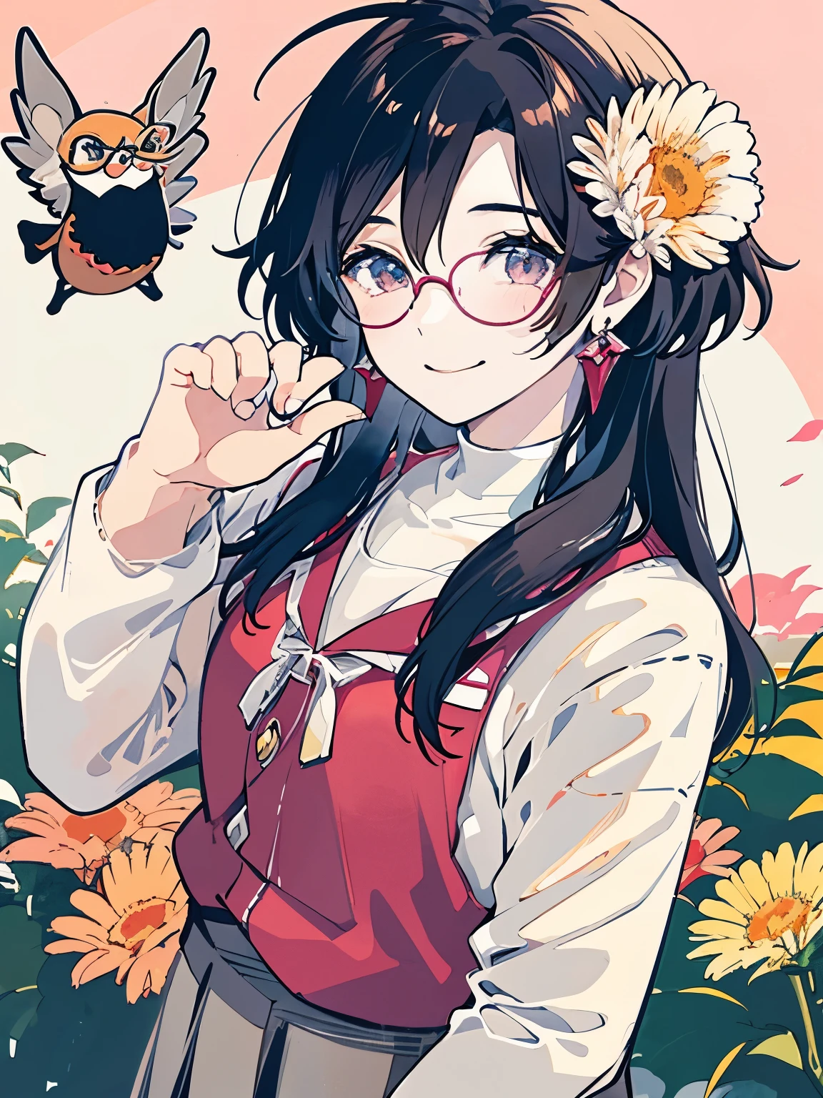 young girl、primary school student、10 year old girl、Wear glasses、orange and pink pastel colors、red earrings、A happy smile、flat chest、cute、cute女の子、watercolor painting、Illustration with light colors、Against the background of a bright forest、flower garden、