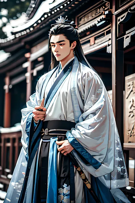 zhao qingxue is a young prince with stunning appearance，holding a long sword，dressed in white，his face is handsome and heroic，th...