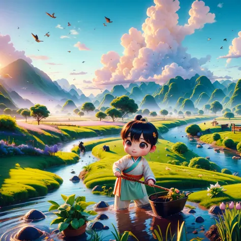 (((spring morning)))，a cute little chinese boy，dressed in light-colored hanfu，planting vegetables with a hoe，a black cow eats gr...