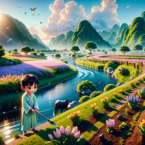 (((spring morning)))，a cute little chinese boy，dressed in light-colored hanfu，planting vegetables with a hoe，a black cow eats gr...