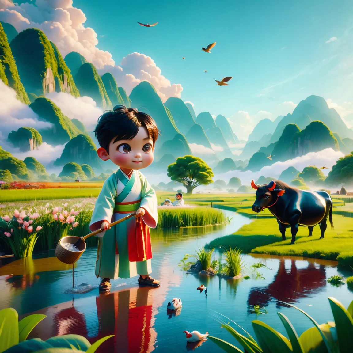 (((Spring Morning)))，A cute little Chinese boy，Dressed in light-colored Hanfu，Planting vegetables with a hoe，A black cow eats grass，From Bubble Mart。she is in the fields，distant river、grassland，There are mountains in the distance，birds circling in the sky，With green onions。Disney-Pixar-style characters，big watery eyes，bright colors。Ray tracing、Octane refining technology，Wide-angle view，clay material，animated lights。3D production，Use C4D、Overclocked rendering