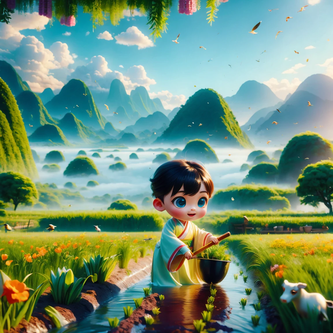 (((Spring Morning)))，A cute little Chinese boy，Dressed in light-colored Hanfu，Planting vegetables with a hoe，A black cow eats grass，From Bubble Mart。she is in the fields，distant river、grassland，There are mountains in the distance，birds circling in the sky，With green onions。Disney-Pixar-style characters，big watery eyes，bright colors。Ray tracing、Octane refining technology，Wide-angle view，clay material，animated lights。3D production，Use C4D、Overclocked rendering