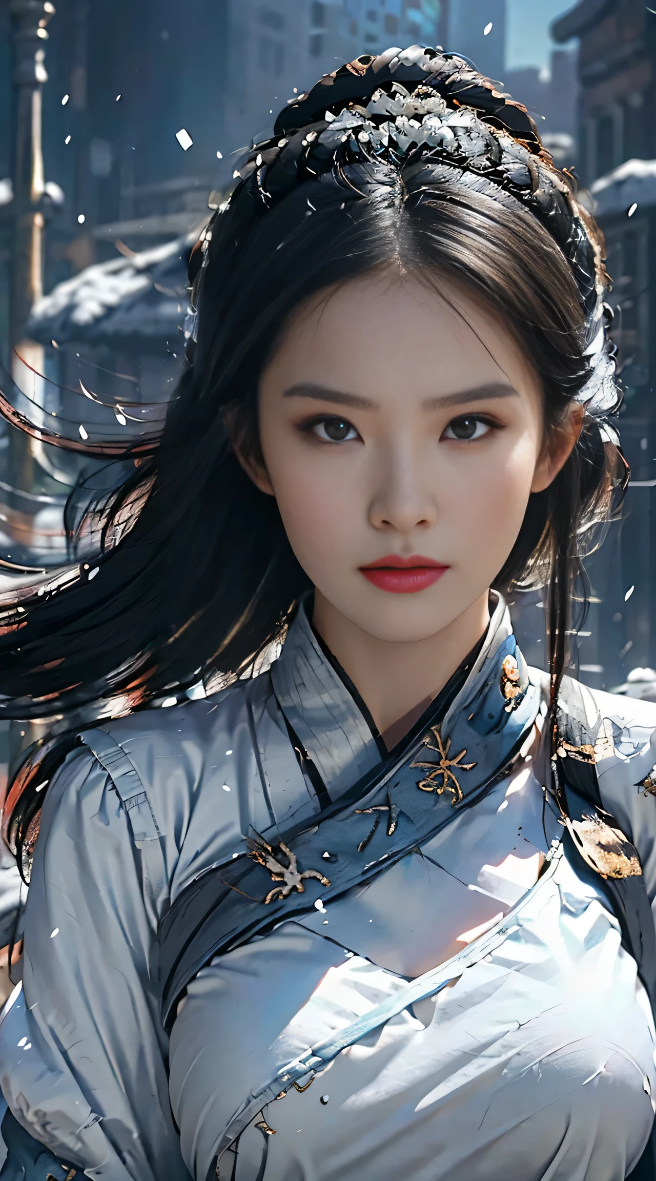 best quality,masterpiece,ultra high resolution,(lifelike:1.4),xiuxian,arms,sword，Detailed face, 1 girl,alone,arms,split,(magic circle:1.2),xiuxian,Upper body,beautiful girl,Full body female love,huge breasts,snowfield，falling snow