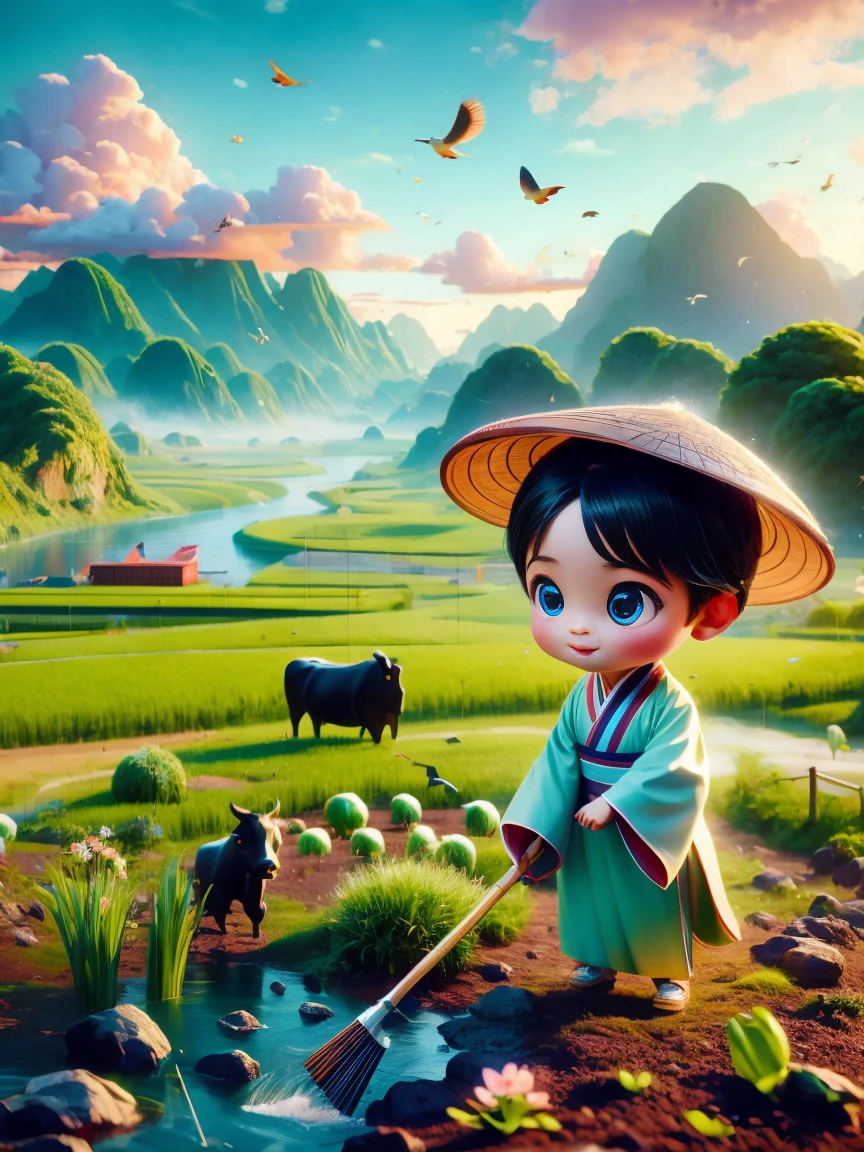 (((Spring Morning)))，A cute little Chinese boy，Dressed in light-colored Hanfu，Planting vegetables with a hoe，A black cow eats grass，From Bubble Mart。she is in the fields，distant river、grassland，There are mountains in the distance，birds circling in the sky，With green onions。Disney-Pixar-style characters，big watery eyes，bright colors。Ray tracing、Octane refining technology，Wide-angle view，clay material，animated lights。3D production，Use C4D、Overclocked rendering